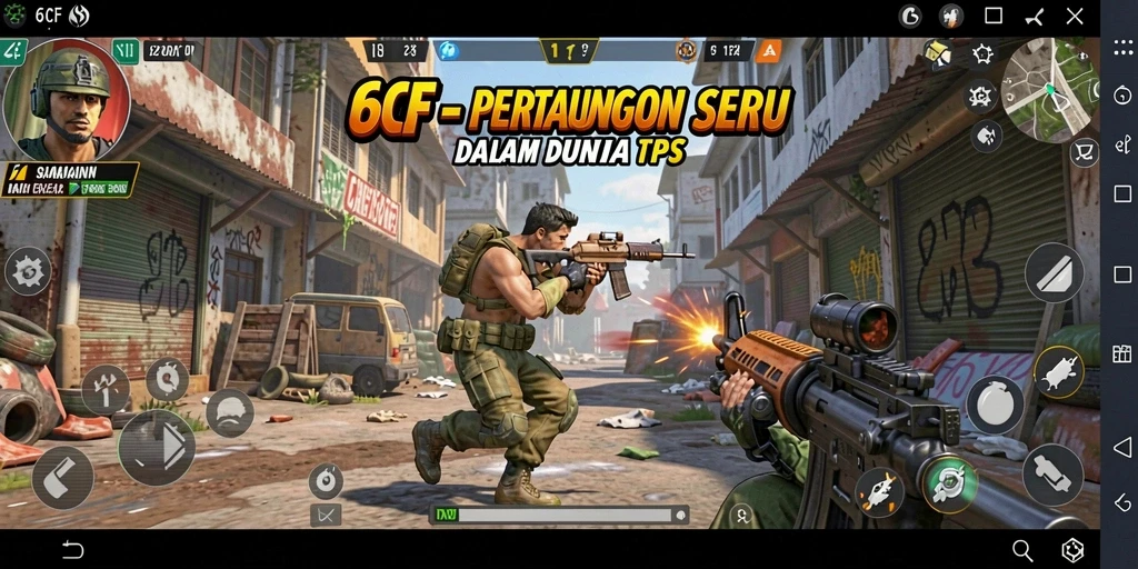 Screenshot gameplay 6CF menampilkan aksi tembak-menembak yang menegangkan.