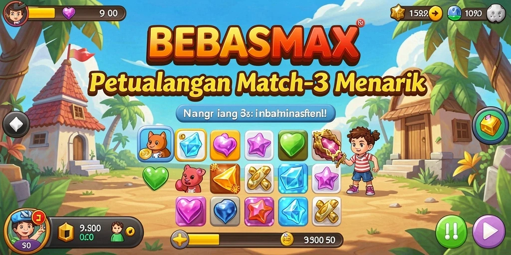 Tangkapan layar utama BEBASMAX menampilkan gameplay Match-3 yang penuh warna.