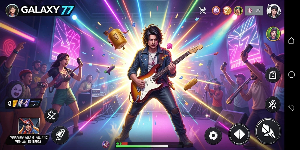 Tampilan gameplay menarik dari GALAXY77 yang penuh dengan musik.