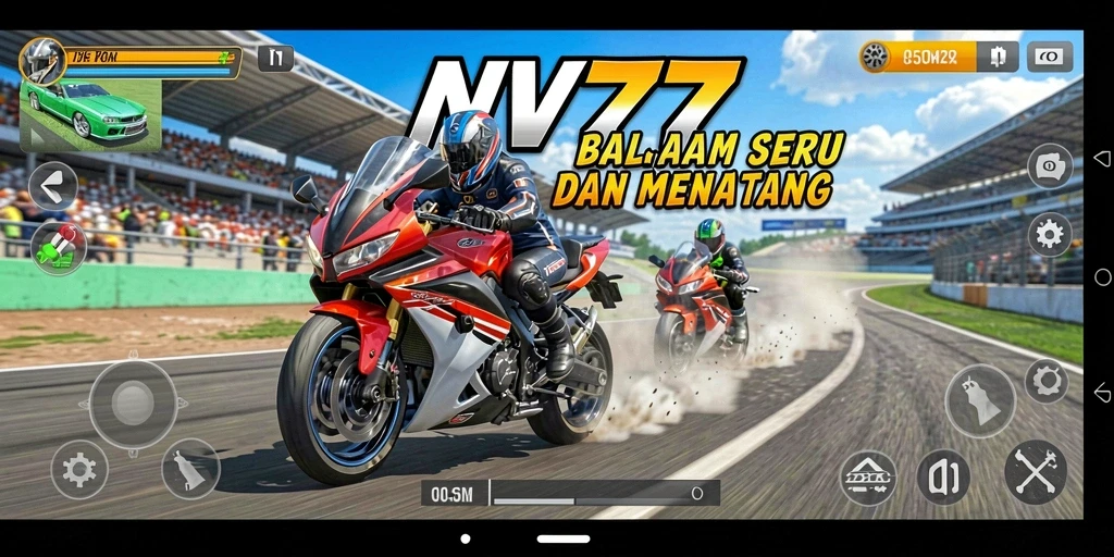 Gameplay NV77 menunjukkan aksi balap yang mendebarkan dan mobil yang cepat.