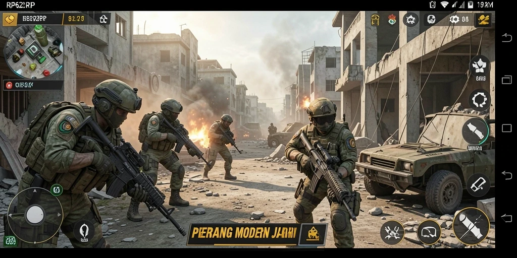 Tangkapan layar utama RP62RP menampilkan aksi tembak-menembak yang mendebarkan.
