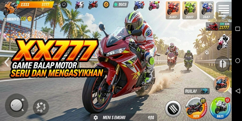Screenshot XXX777 menunjukkan aksi balapan motor yang mendebarkan di trek yang penuh tantangan.