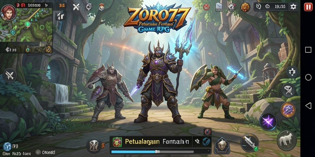 Tangkapan layar gameplay ZORO77 menunjukkan pertempuran RPG yang intens.